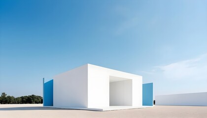 Minimalist White Cube Structure Against Blue Sky