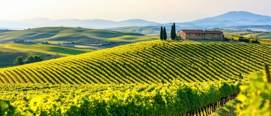 A serene landscape featuring rolling hills with lush vineyards and a rustic farmhouse under a clear sky.