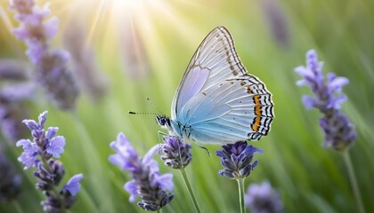 Naklejka premium Blue Butterfly on Lavender in Sunlight