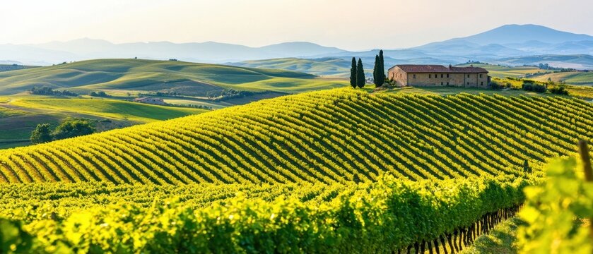 A serene landscape featuring rolling hills with lush vineyards and a rustic farmhouse under a clear sky.