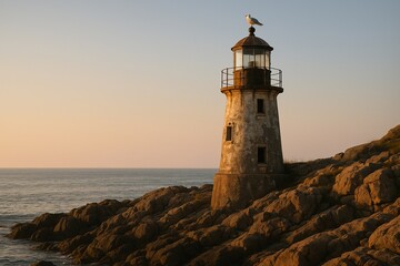 Seagull on Lighthouse at Rocky Coast During Golden Hour