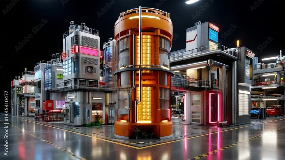Aufkleber futuristic urban tech hub: an eye-level shot showcases an advanced urban environment, highlighted by