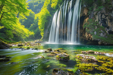 Celebrate vibrant breathtaking beauty of beautiful magnificent waterfall, showcasing vibrant graceful flow of water, lush greenery, and harmonious blend of water and rocks in beautiful mesmerizing dis