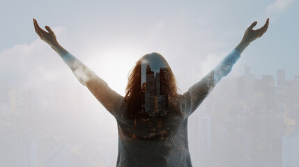 Fototapeta premium Double Exposure of Happy Businesswoman Looking Toward Cityscape ,Concept of Ambition, Success, Professional Growth