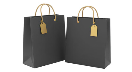 Isolated Pair of Elegant Dark Gray Shopping Bags with Golden Tags