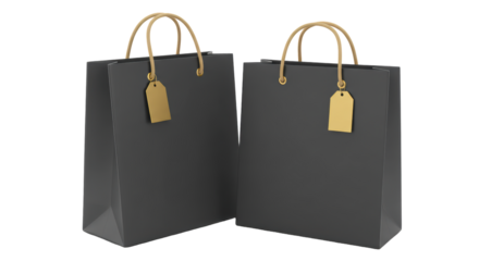 Isolated Pair of Elegant Dark Gray Shopping Bags with Golden Tags