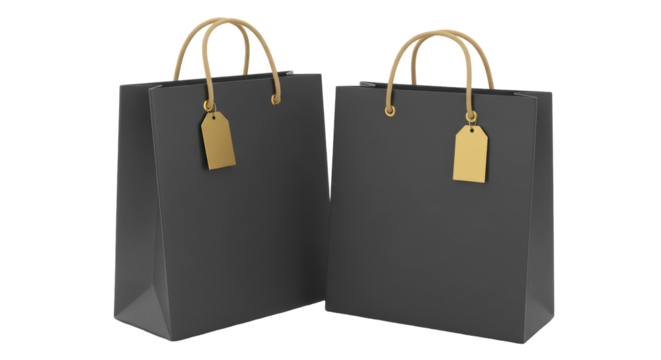 Isolated Pair of Elegant Dark Gray Shopping Bags with Golden Tags