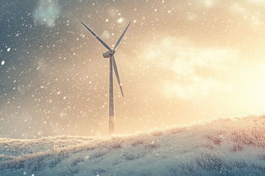A lone wind turbine stands resilient against a snowy, sun-drenched landscape, generating clean energy in harsh winter conditions.