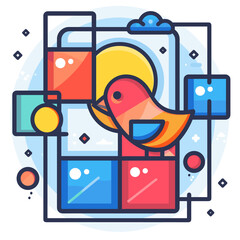 Colorful vector illustration in flat linear style - cute bird on colorful cubes
