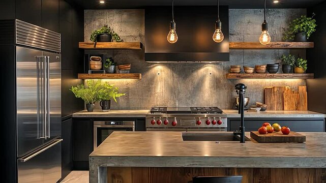 Modern farmhouse kitchen with exposed concrete backsplash and wooden accents.