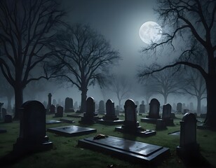Moonlit Cemetery at Night