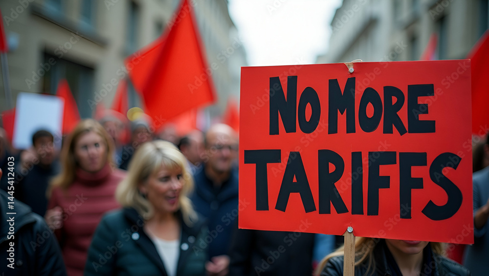 Poster close-up of protest placards reading 'no more tariffs' amid passionate rally scene - stock photo con