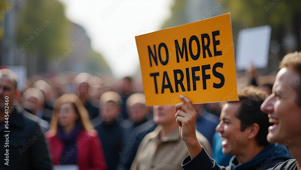 Poster close-up of 'no more tariffs' protest placards: capturing public dissent at a passionate rally - sto