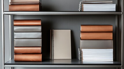 A sleek metal-framed office shelf symmetrical stacks of soft leather planners, sophisticated file organizers, precision-stacked notebooks professional setting, Clean, minimal,