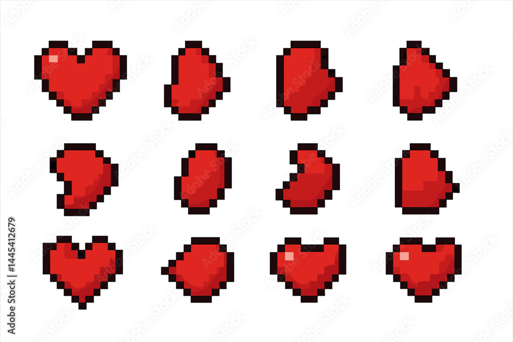 Aufkleber pixel art heart icons representing different heart shapes and sizes for use in digital projects, gam
