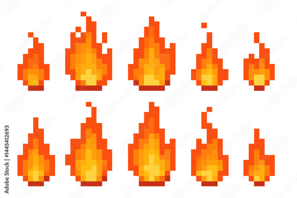 Poster pixel art flames set create vibrant visuals for digital design and gaming projects