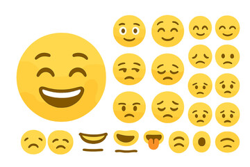 Collection of vector smiley faces showcasing a range of emotions, from happiness to sadness, in a bright and colorful style