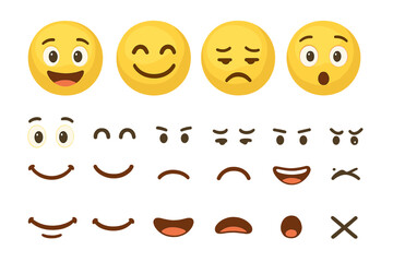 Vector icons depicting a range of facial expressions including happy, sad, surprised, and neutral with distinct features for each emotion
