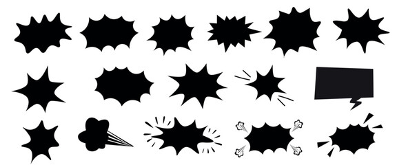 Comic explosion burst and speech bubble set in black silhouette. Pop art boom elements for retro comic design. © dazzy