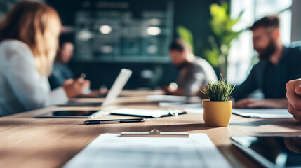 Collaborative Dynamics: A meeting table, showcasing focused discussions among a team, fostering innovation and strategy in a modern office environment. 