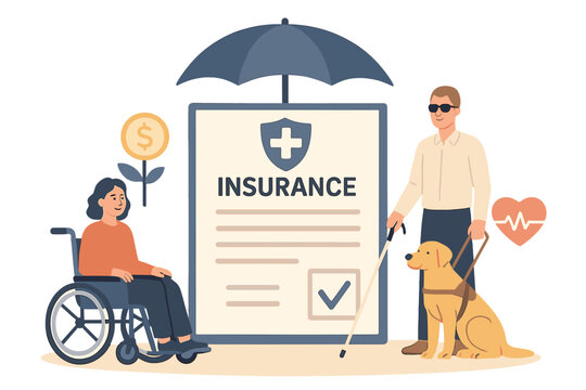 Insurance services for individuals with disabilities featuring a wheelchair user and a guide dog
