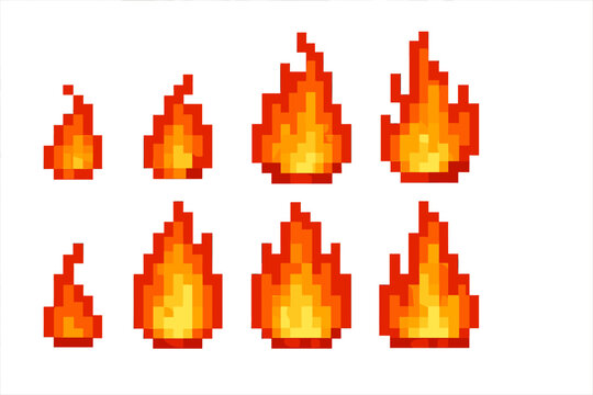 Creative pixel art flames in various sizes for digital design projects and illustrations