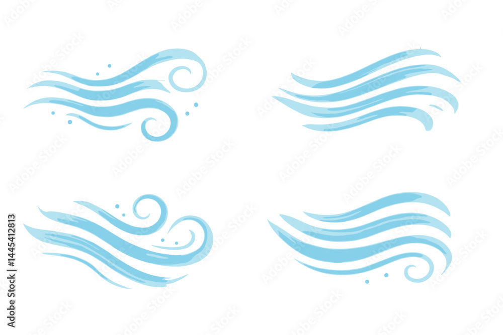 Poster stylized vector icon depicting various wave designs illustrating movement and fluidity for creative 