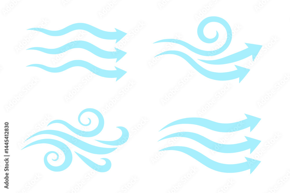 Poster vector icons depicting various styles of wind motion in soft blue colors for use in design and illus