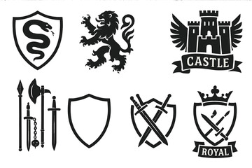 Fototapeta premium Vector icons depicting medieval symbols including shields, weapons, and a castle emblem for creative projects
