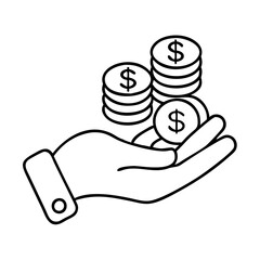 hand with coins icon, hand with coins line art - simple line art of hand with coins, perfect for hand with coins logos and icons