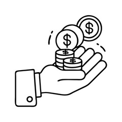 hand with coins icon, hand with coins line art - simple line art of hand with coins, perfect for hand with coins logos and icons