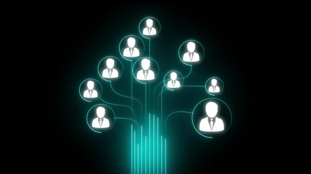 Animation of network of connections with people icons over Social network media concept tree Digital network connecting people globally, with glowing background