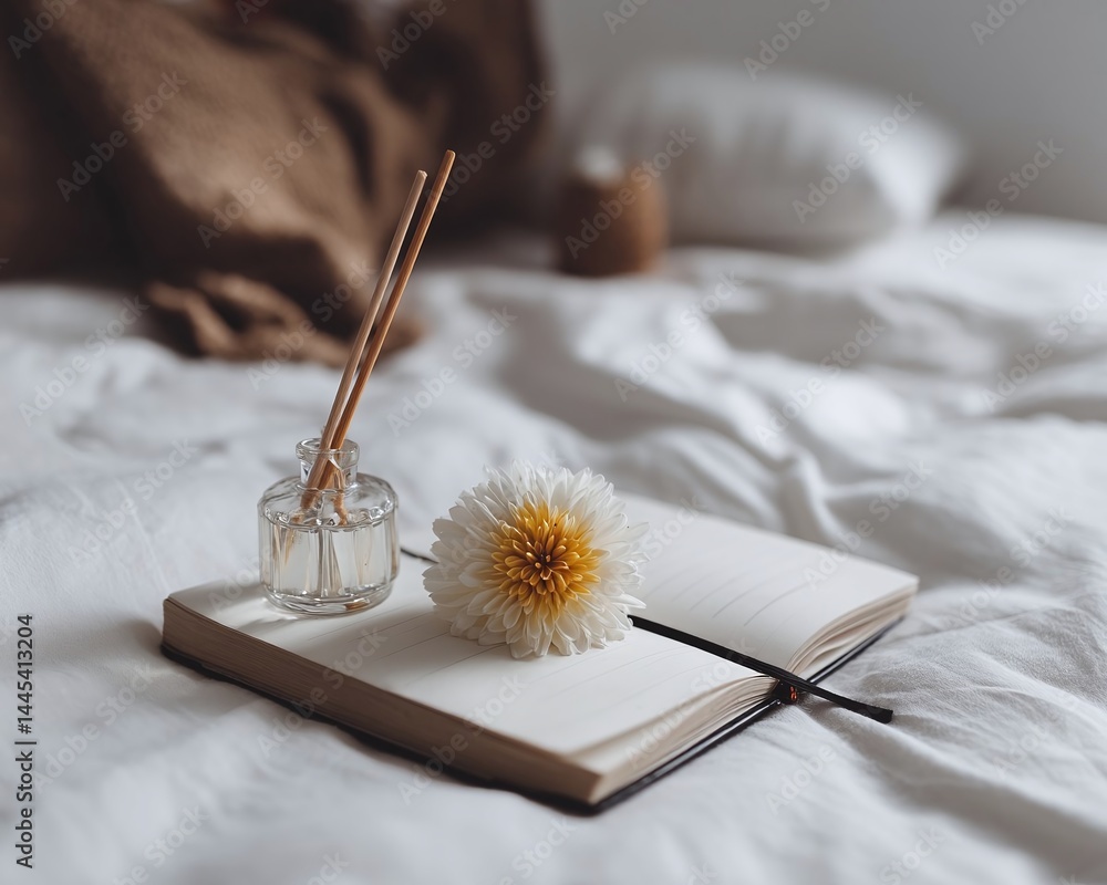 Poster cozy bedroom scene featuring an open notebook with a flower and a diffuser, soft textiles in backgro