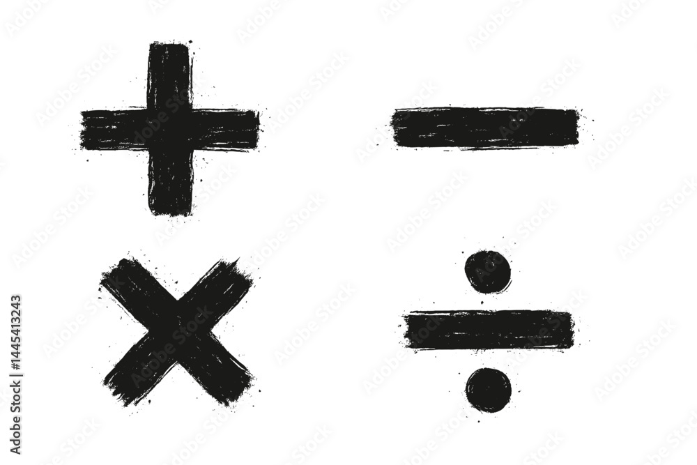 Poster math operation vector icons featuring addition, subtraction, multiplication, and division symbols in