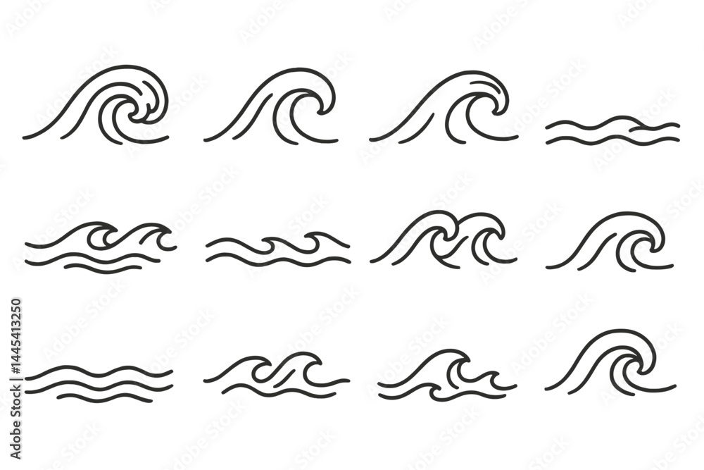 Poster multiple vector icons depicting various styles of ocean waves suitable for digital design and illust