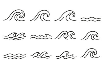 Fototapeta premium Multiple vector icons depicting various styles of ocean waves suitable for digital design and illustration projects