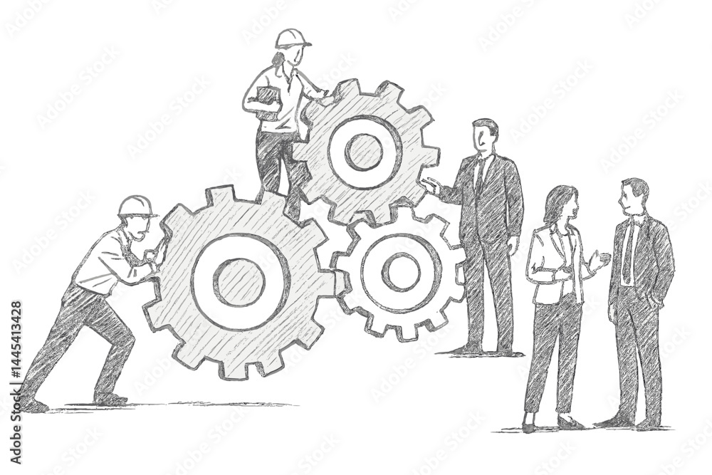 Poster collaborative teamwork represented through vector icons of people working with gears in a business s