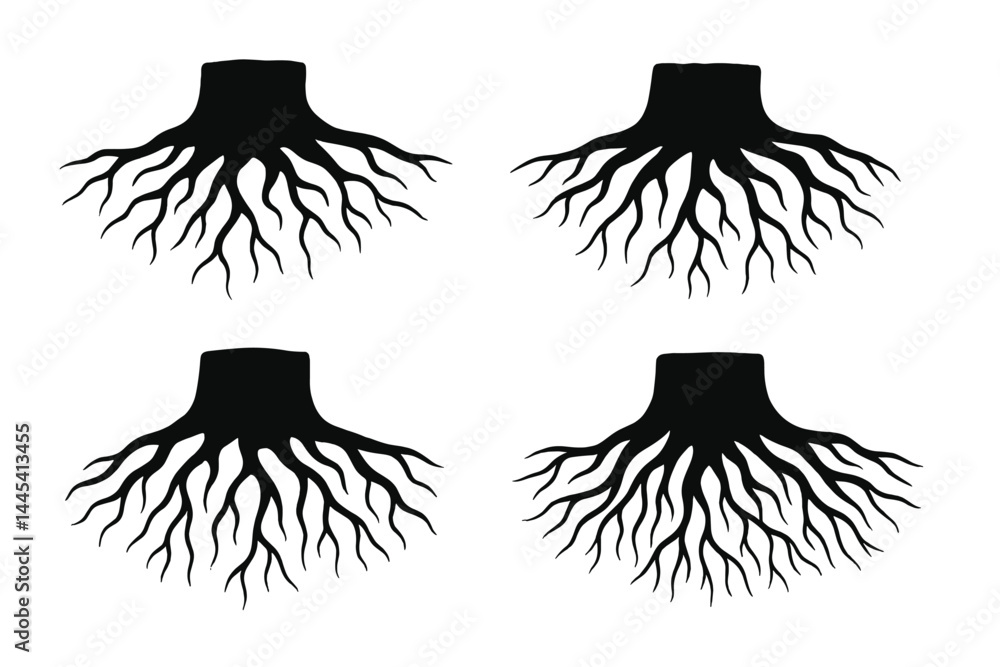 Poster vector icon of tree roots illustrating diverse organic patterns and designs for graphic projects and