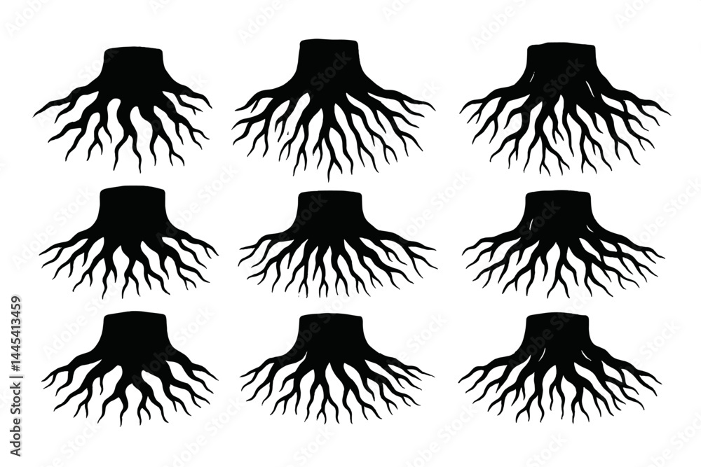 Poster vector icon featuring multiple tree stumps with intricate root designs suitable for graphic design p