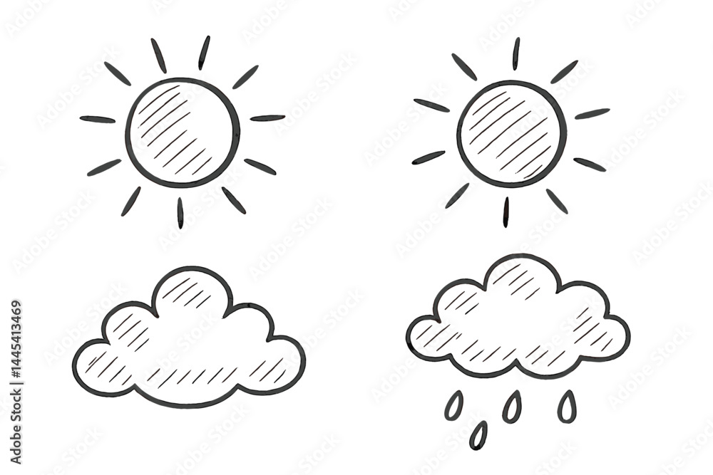 Poster weather vector icons showing sun and cloud with rain for use in design projects