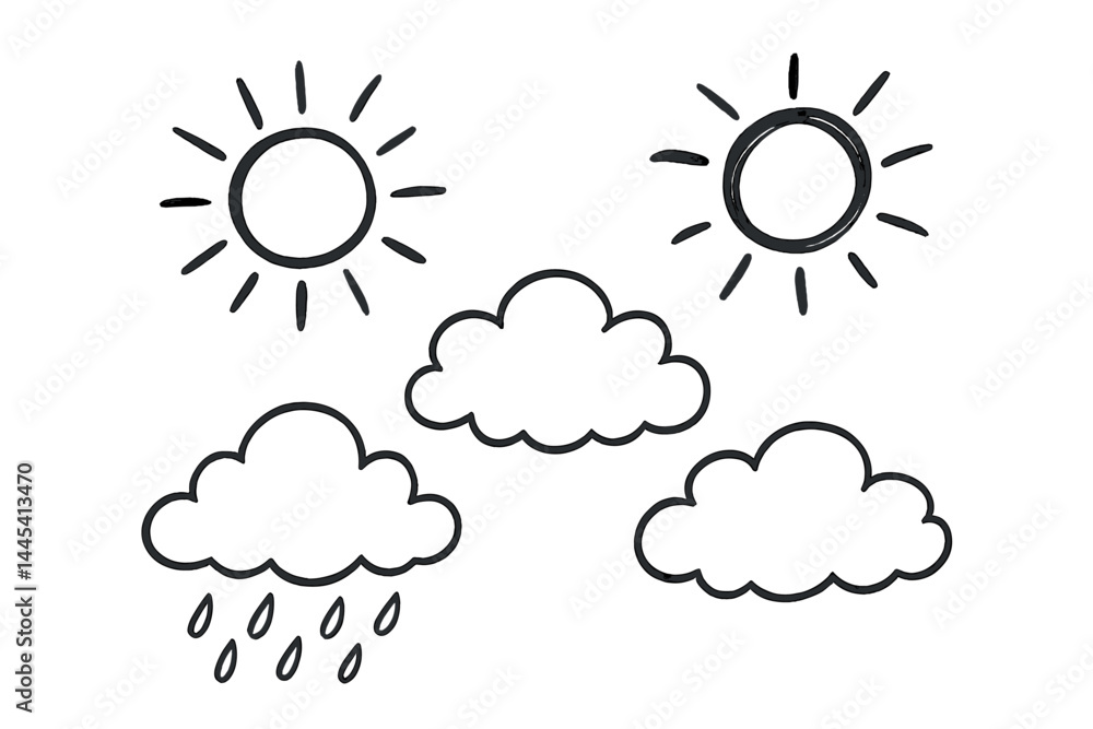 Poster weather vector icon set depicting sun and clouds with raindrops in a simple and clean design, suitab