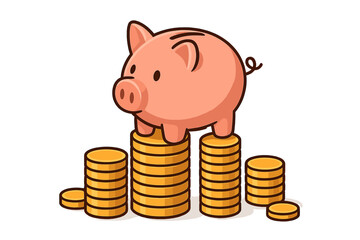 Vector icon depicting a piggy bank standing on stacks of gold coins representing savings and financial growth