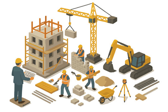 Construction site vector icon depicting workers, machinery, and building materials in action