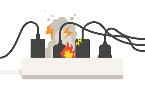 Socket and light the fire from overload, electrical cable series with fire, smoke, sparks, short circuit
