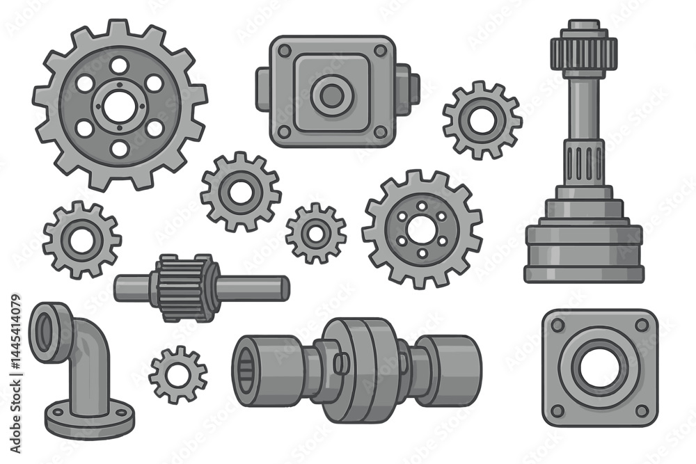 Poster vector icon set featuring various gears and mechanical components in grayscale for industrial and en