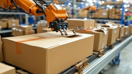 Robotic arm sorting packages on a conveyor belt in a warehouse.