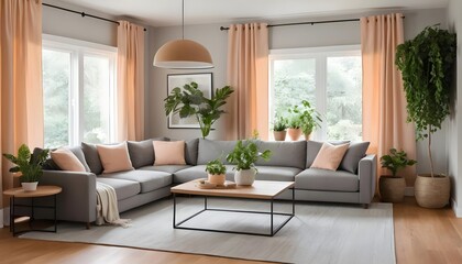 Modern Living Room Interior with Gray Sectional Sofa and Peach Curtains