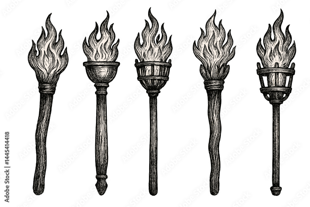 Poster vector icon of five different torch designs showcasing flames and various styles suitable for illust