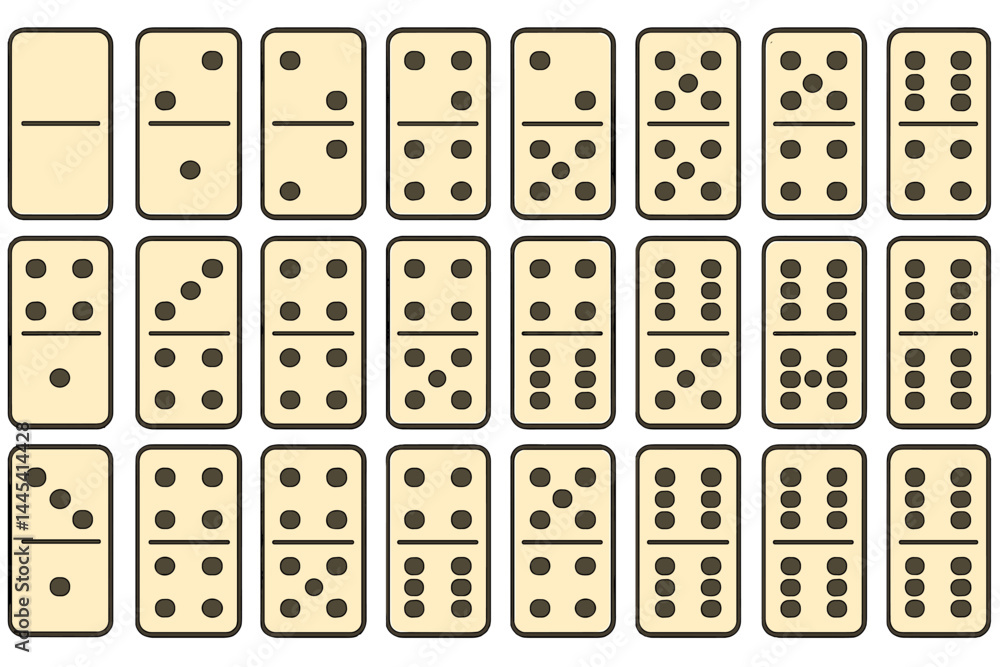 Poster domino vector icon set featuring various arrangements and dot configurations for game design and edu