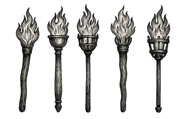 Vector icon of five different torch designs showcasing flames and various styles suitable for illustrations and graphic designs
